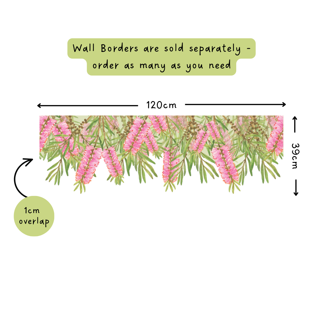 Pink bottlebrush wall border size guide: 120cm wide by 39cm tall with a 1cm overlap