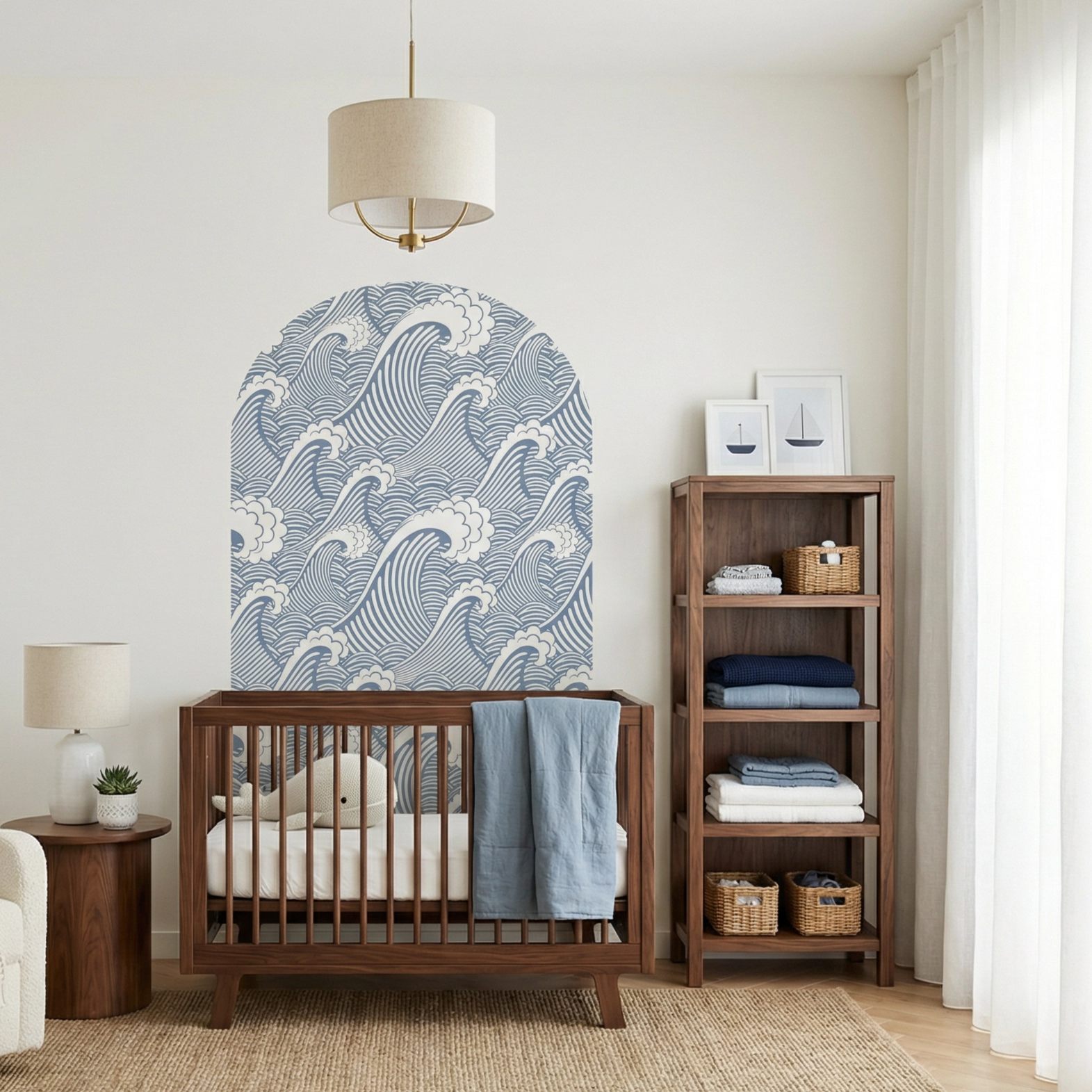 Nursery room with wooden crib, armchair, and bookshelf.