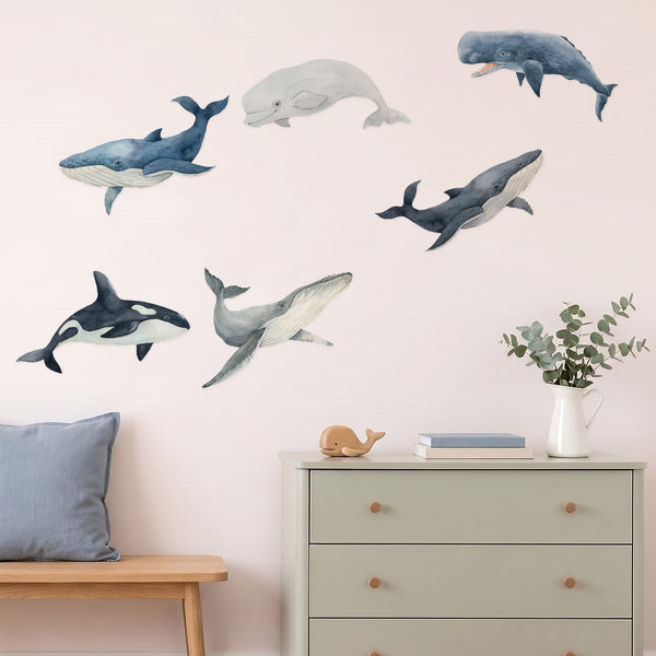 Ocean whale wall decals pod of six whales in a styled kids room