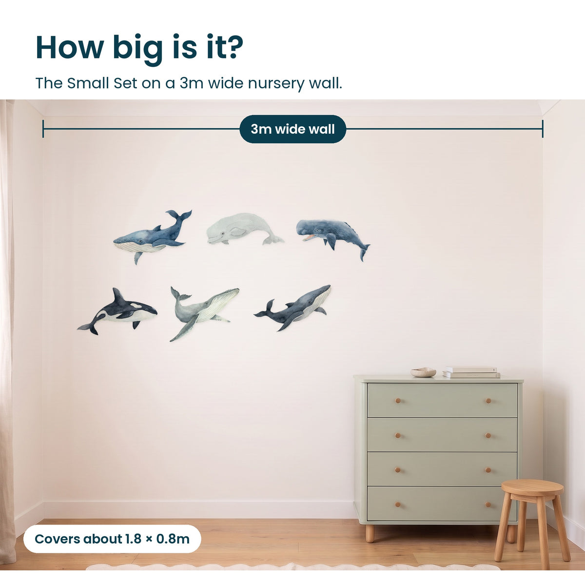 How big is the whale Small Set on a 3m wall
