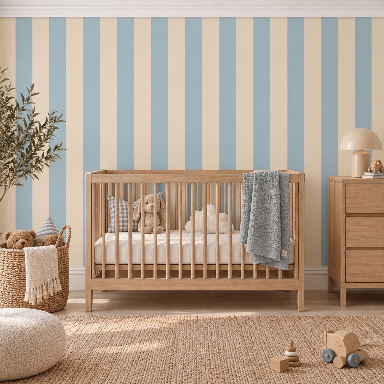 A styled nursery room featuring a light wood crib with a blue and cream striped wallpaper background, a wooden dresser, a woven basket with toys, and a textured rug.