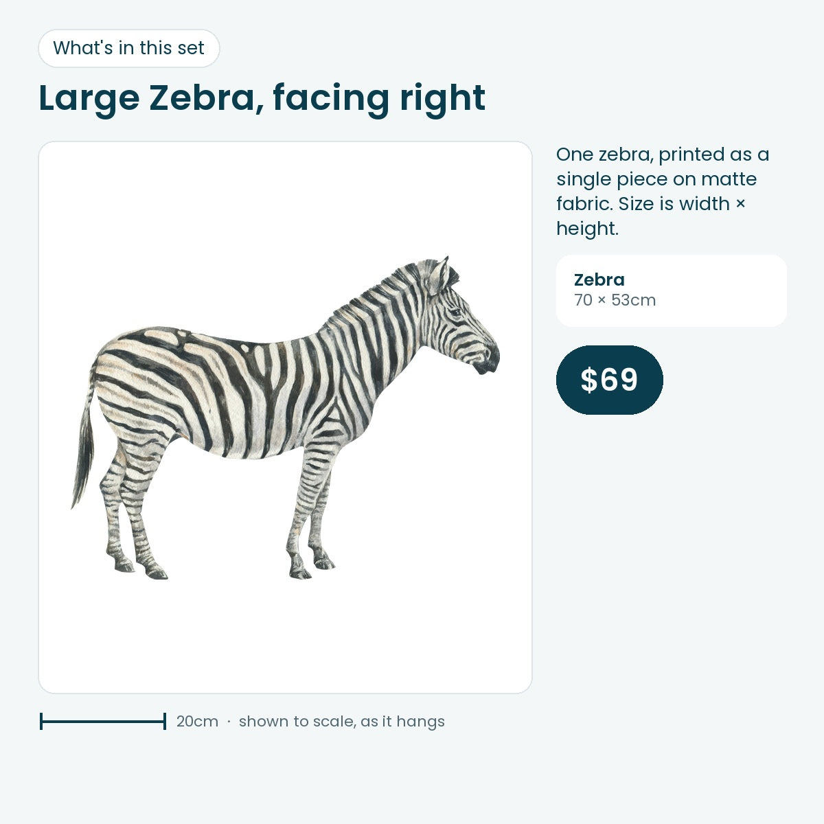 Large zebra decal facing right, 70 × 53cm