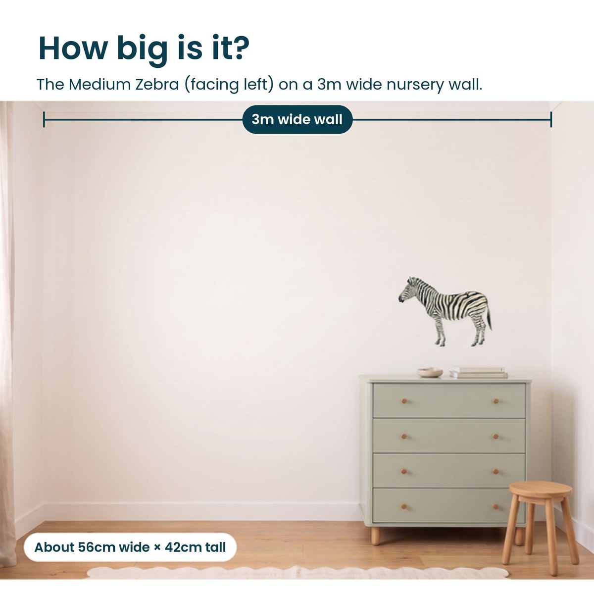 Medium zebra facing left on a 3m nursery wall