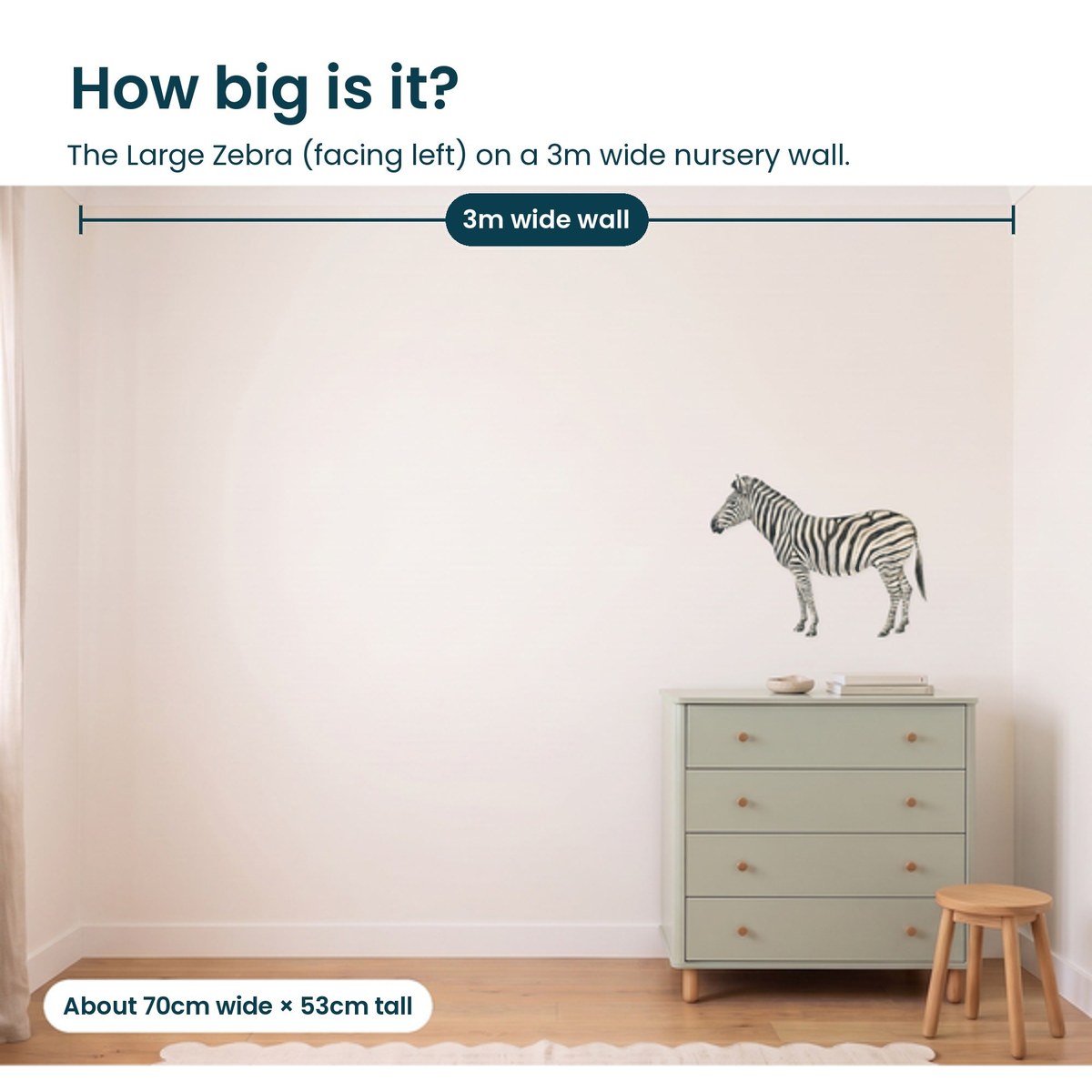 Large zebra facing left on a 3m nursery wall