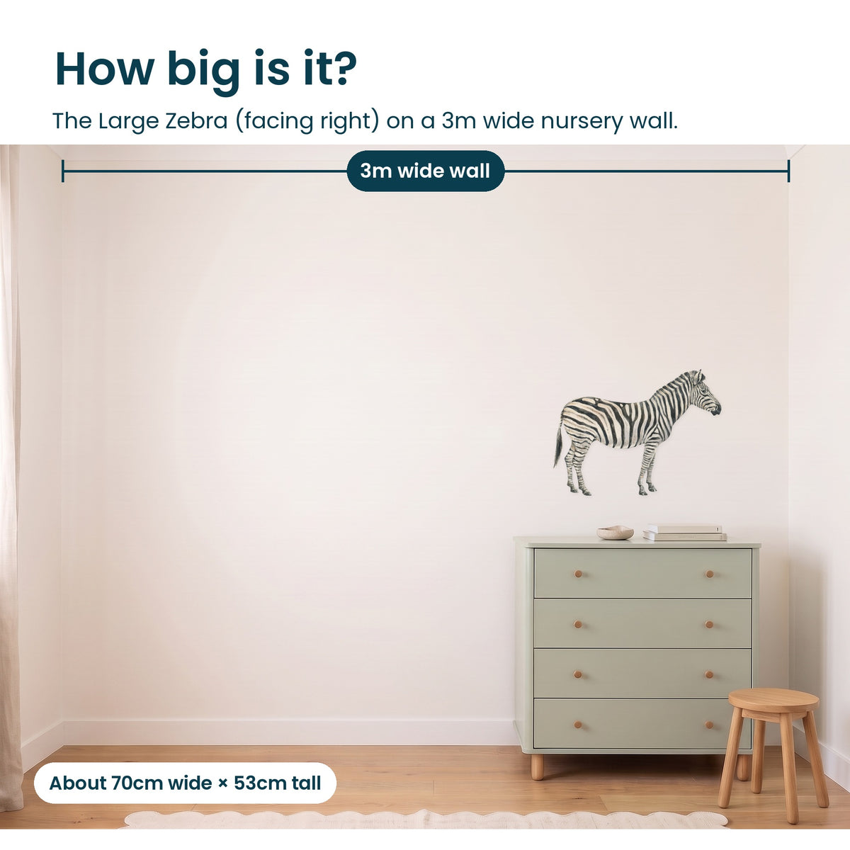 Large zebra facing right on a 3m nursery wall