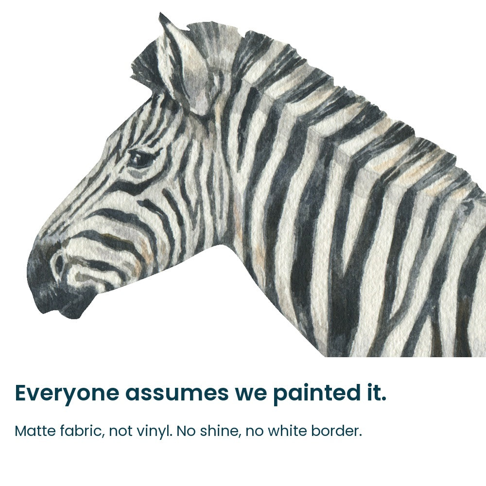 Close-up of the hand-painted zebra face on matte fabric