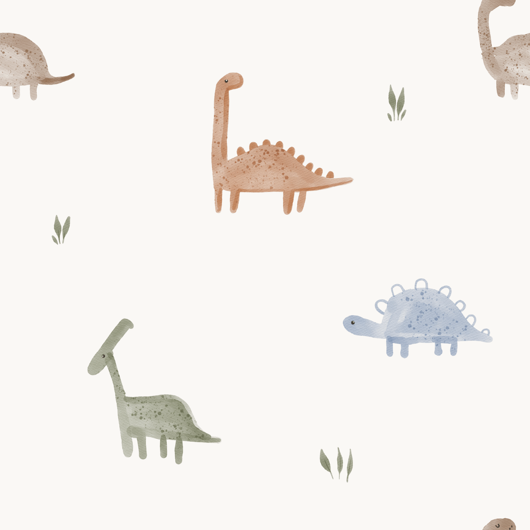 Close-up of Archer wallpaper showing soft watercolour dinosaurs on cream