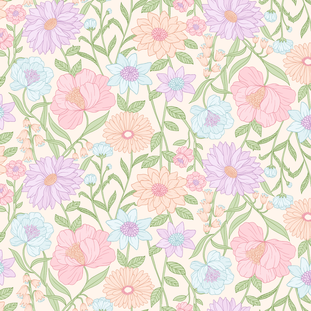 Close-up of June wallpaper showing pink, lilac and blue pastel blooms on green stems