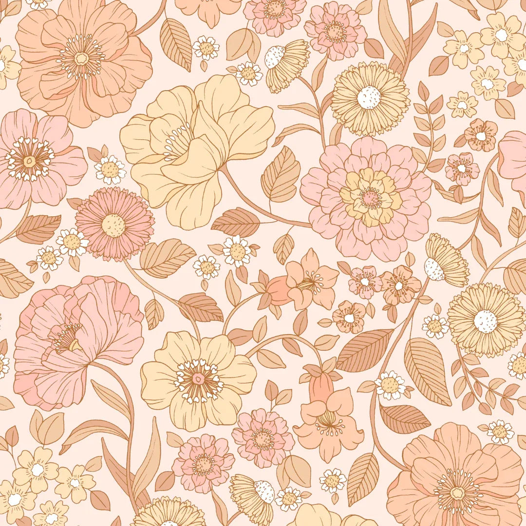 Close-up of Allie Bohemian Floral wallpaper showing dense peach and coral blooms