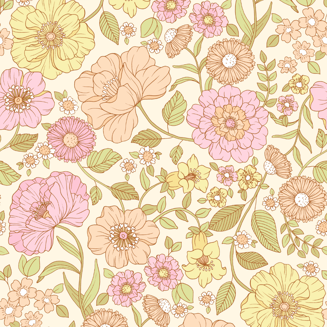 Close-up of Juliet wallpaper showing full pink, peach and yellow blooms