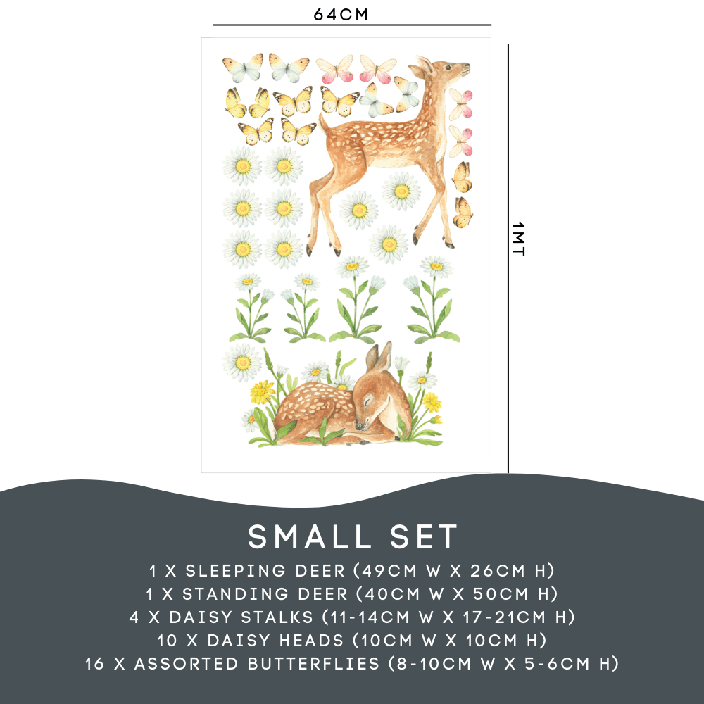 Deer Small Set: sleeping deer 49cm, standing deer, daisy stalks and 16 butterflies