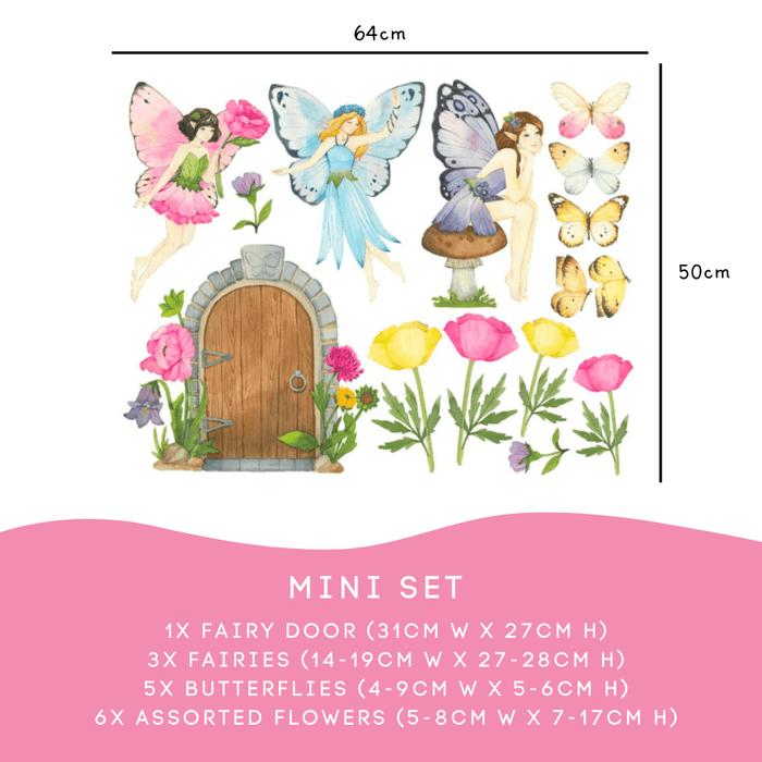 Flower Fairy Mini Set: fairy door 31cm, 3 fairies, 5 butterflies and 6 flowers — Flower Fairy Wall Decals