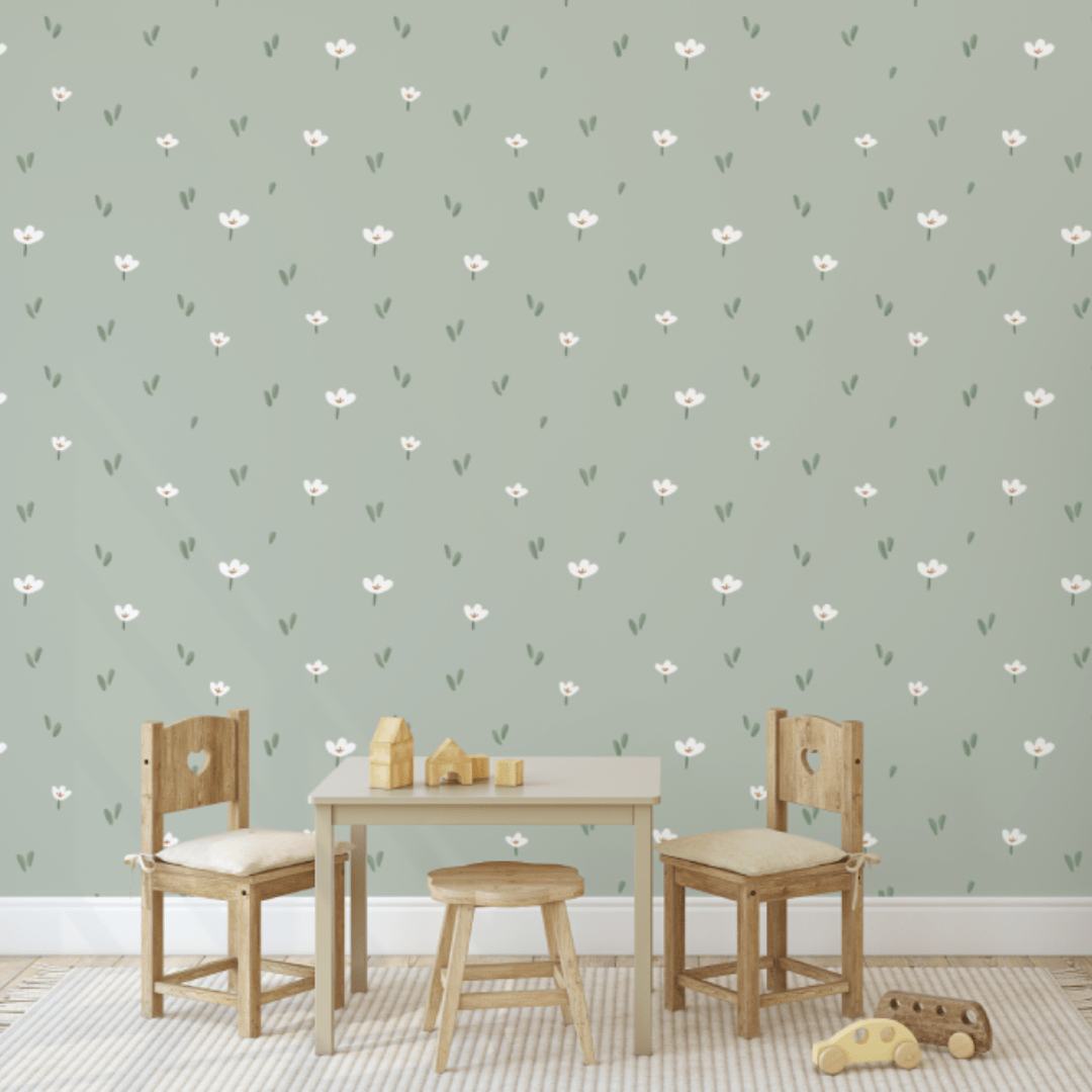 Inna Sage Green Scandi Flower Meadow Wallpaper