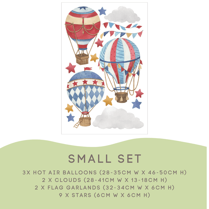 Hot Air Balloon Small Set: 3 balloons, 2 clouds, 2 flag garlands and 9 stars — Hot Air Balloon Wall Decals