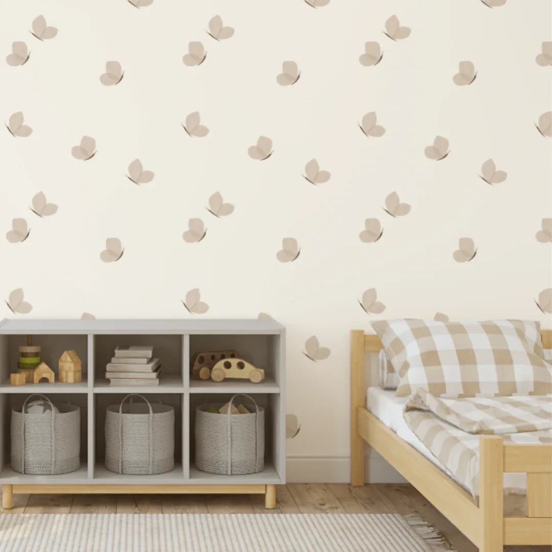 Belina Scandi Butterfly wallpaper in a kids room with storage cubes and a bed