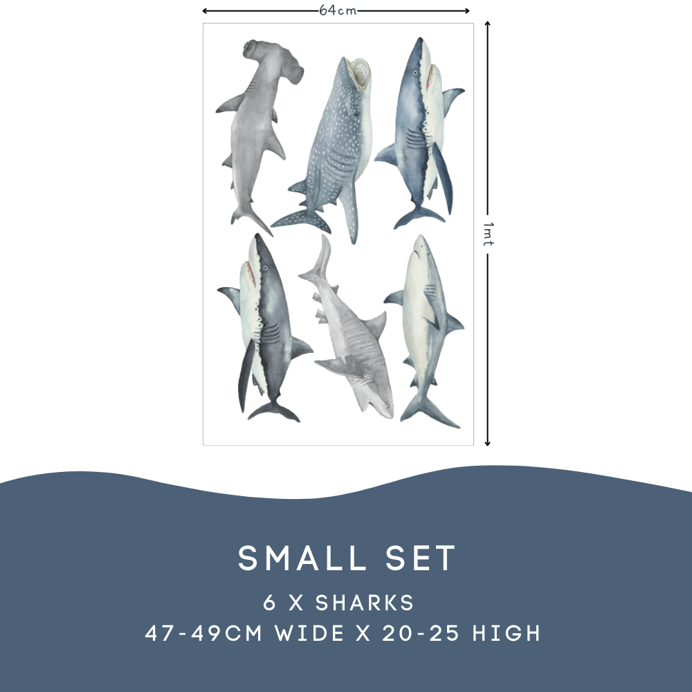 Shark Small Set: 6 sharks, 47 to 49cm wide by 20 to 25cm high