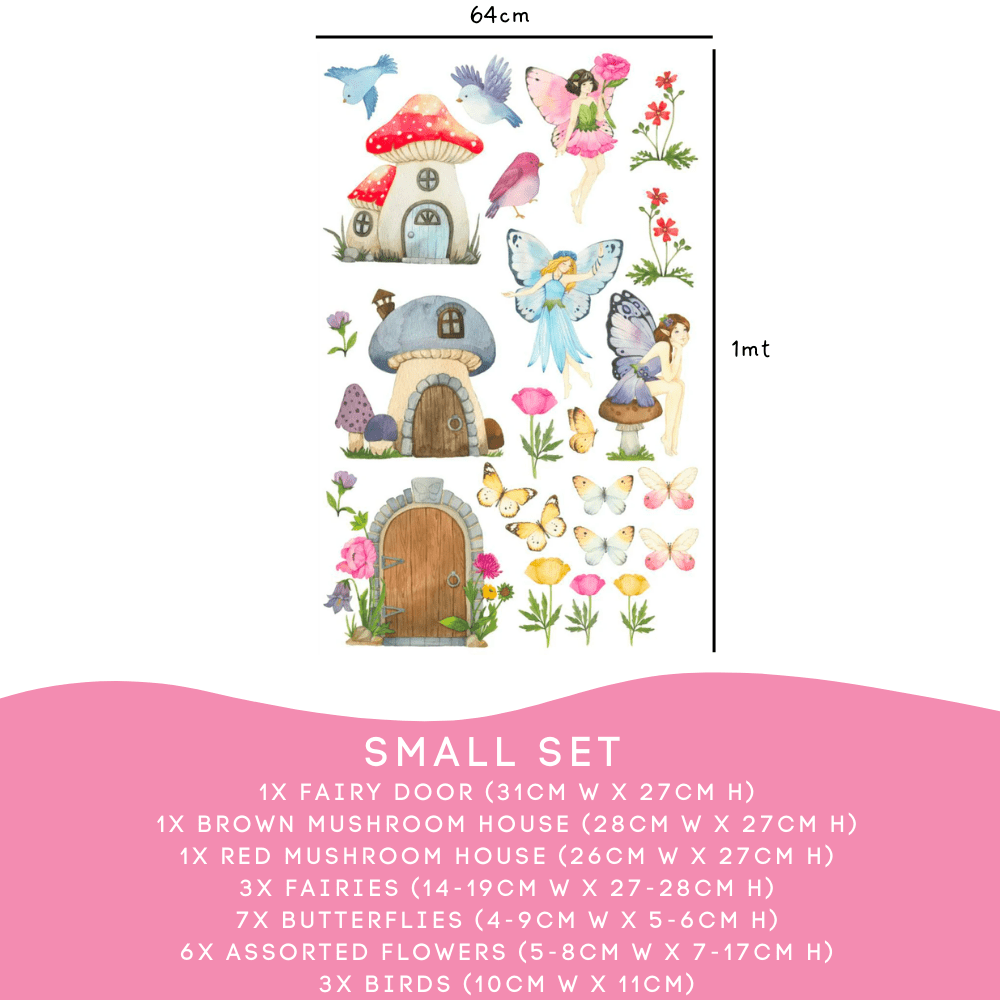 Flower Fairy Small Set: fairy door, two mushroom houses, 3 fairies, 7 butterflies and flowers