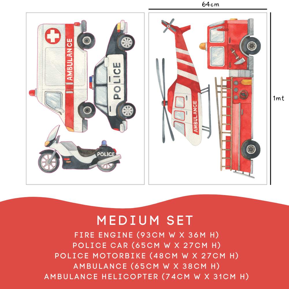 Emergency Vehicle Medium Set: fire engine 93cm, police car 65cm, ambulance and helicopter