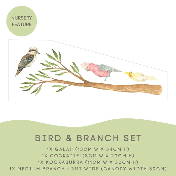 Bird and Branch Set: galah, cockatiel, kookaburra and a 1.2m gum branch — Australian Gum Tree Branch & Bird Wall Decals