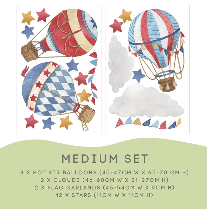 Hot Air Balloon Medium Set: 3 balloons 40 to 47cm, 2 clouds, flag garlands and 12 stars — Hot Air Balloon Wall Decals