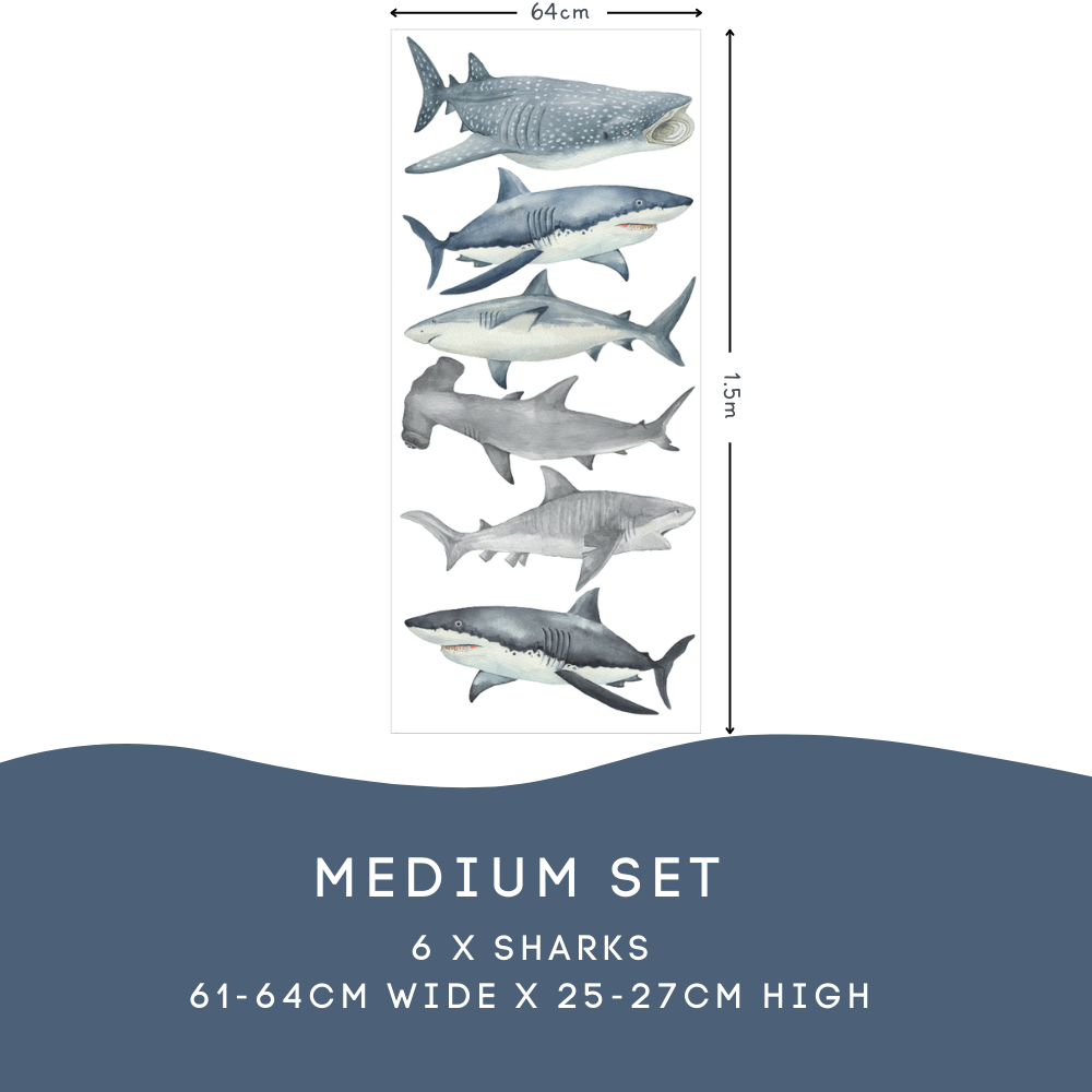 Shark Medium Set: 6 sharks, 61 to 64cm wide by 25 to 27cm high