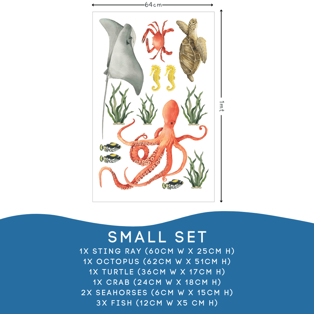Ocean Animal Small Set: stingray 60cm, octopus 62cm, turtle, crab, 2 seahorses and 3 fish