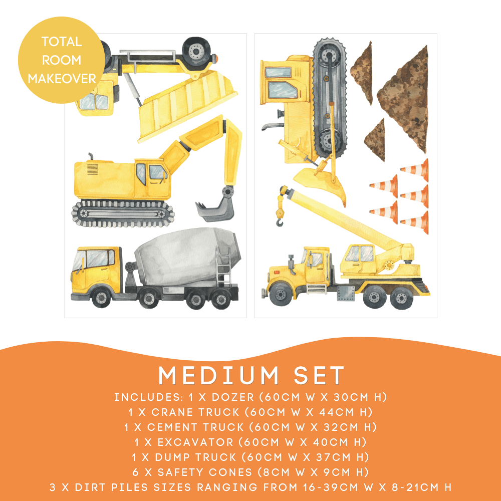 Construction Medium Set: dozer, crane, cement truck, excavator, dump truck, 6 cones and 3 dirt piles