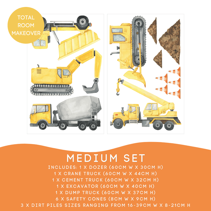 Construction Medium Set: dozer, crane, cement truck, excavator, dump truck, 6 cones and 3 dirt piles — Construction Vehicle Wall Decals