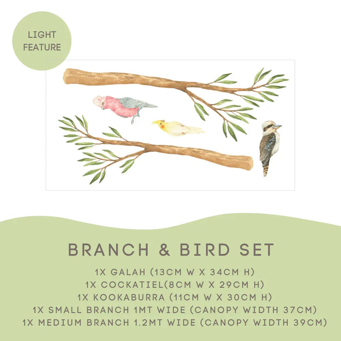 Branch and Bird Set with a 1m small branch and a 1.2m medium branch plus three birds — Australian Gum Tree Branch & Bird Wall Decals