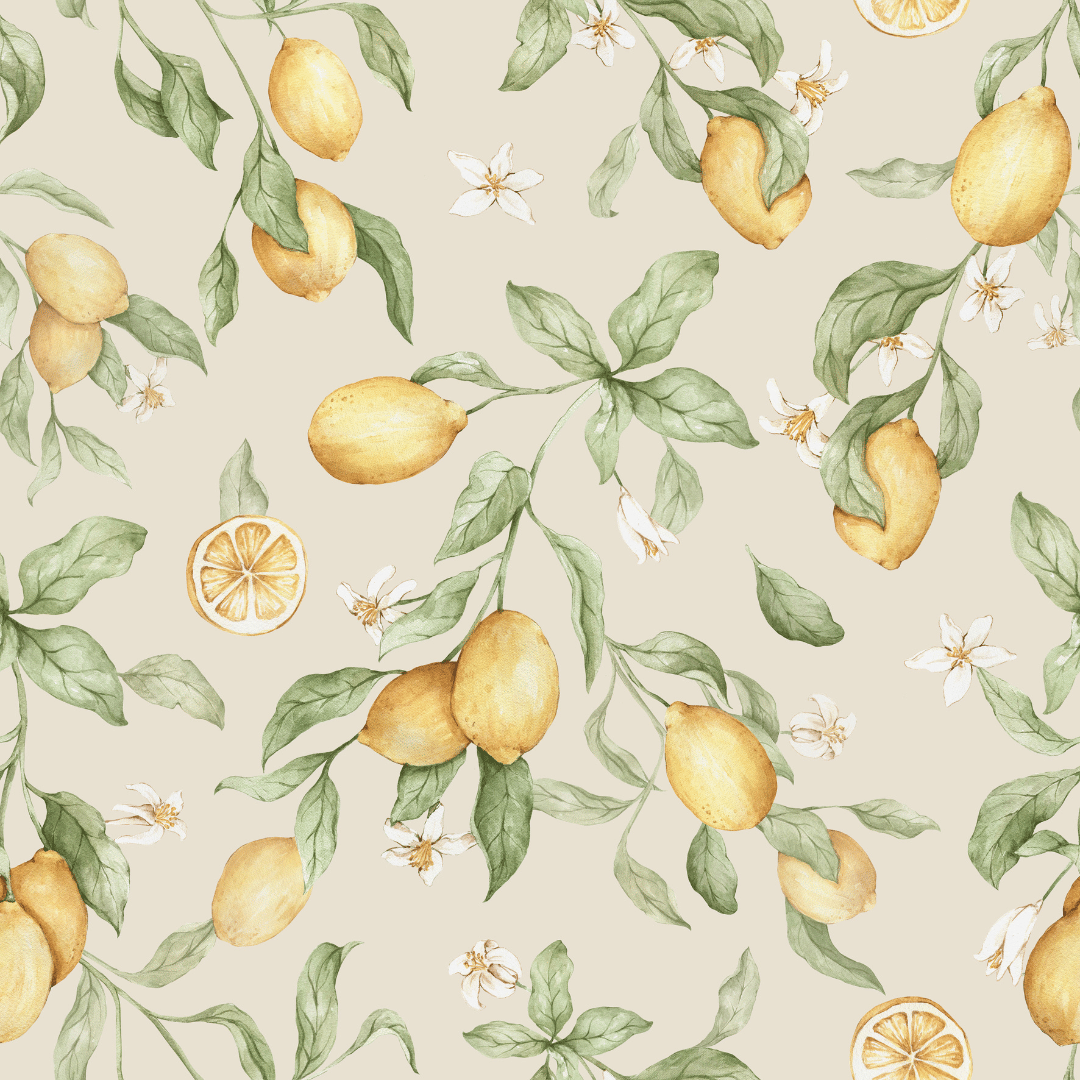Close-up of Sorrento wallpaper showing yellow lemons, blossom and green leaves
