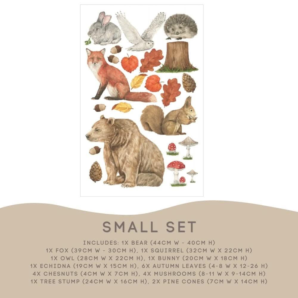 Woodland Small Set: bear 44cm, fox, squirrel, owl, bunny, leaves, chestnuts and mushrooms