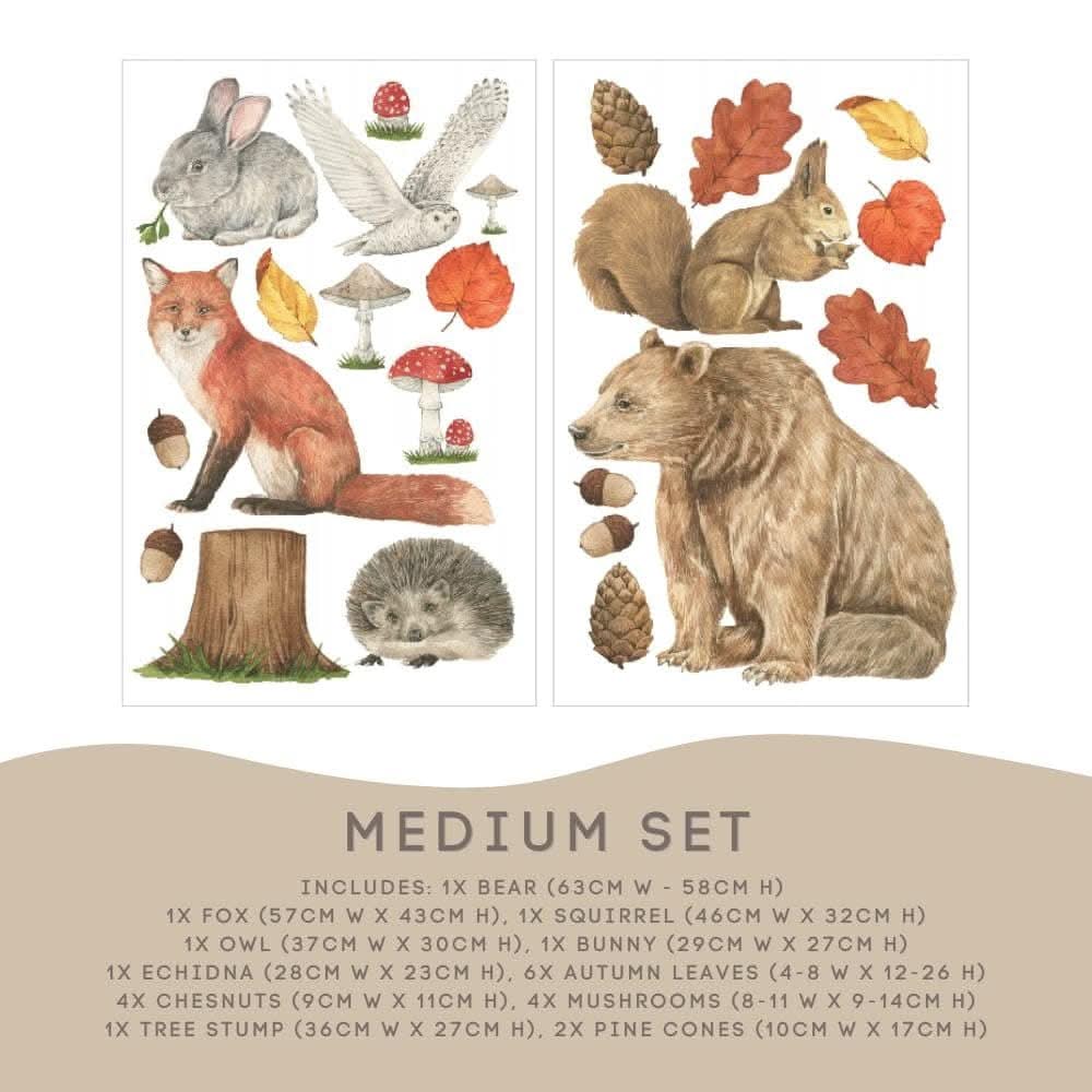 Woodland Medium Set: bear 63cm, fox 57cm, squirrel, owl, bunny, leaves and mushrooms