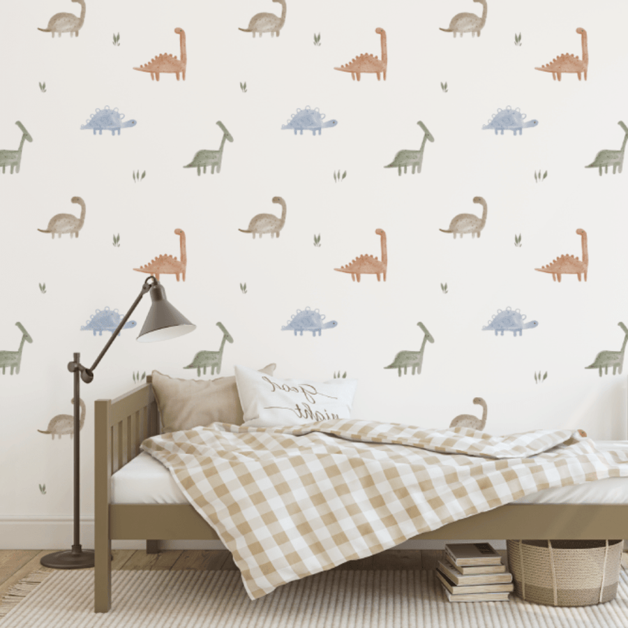 Archer Dinosaur wallpaper in a kids bedroom with gingham bedding