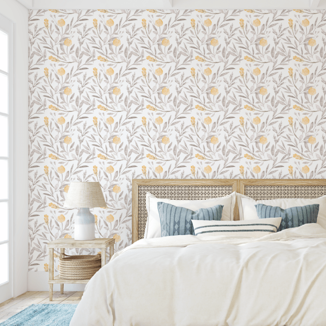 Alder Greige and Yellow Floral and Foliage Wallpaper