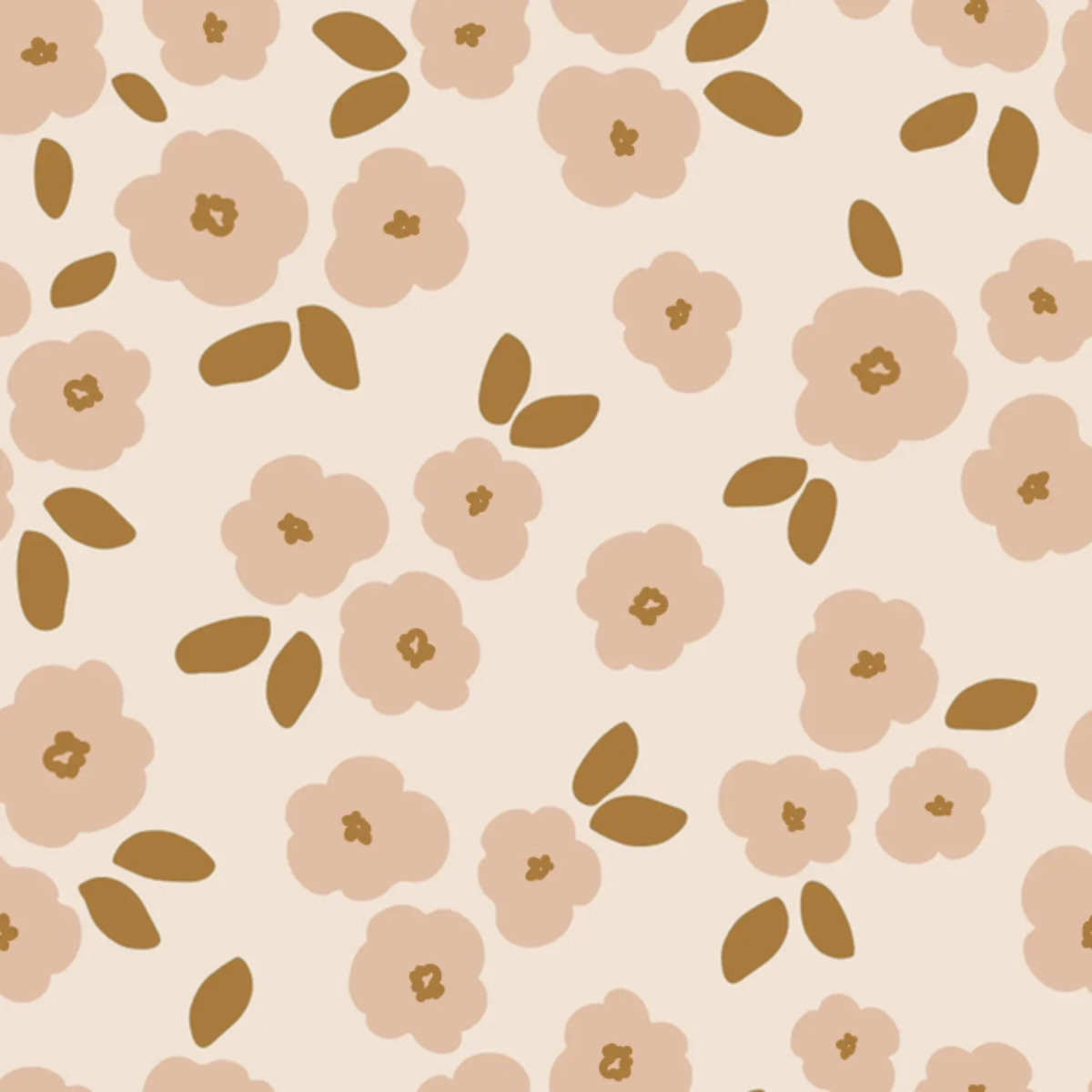 Close-up of Ayla wallpaper showing flat blush blossoms with gold-ochre leaves