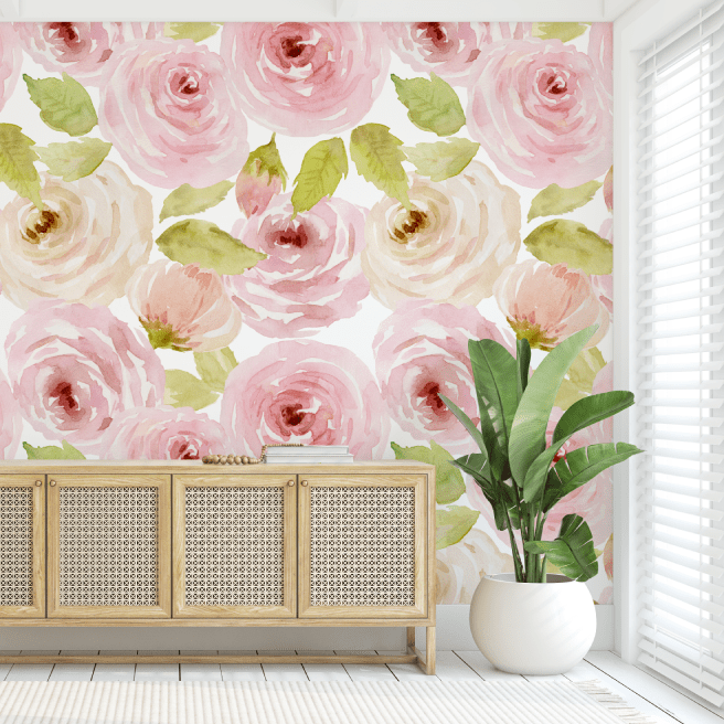 Ada Romantic Soft Pink Roses with Lush Green Foliage Wallpaper
