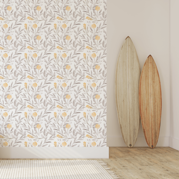 Alder Greige and Yellow Floral and Foliage Wallpaper