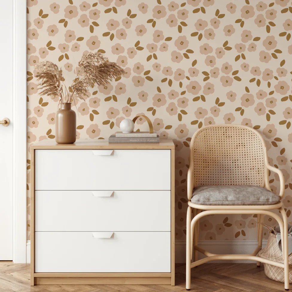 Ayla Boho Floral wallpaper with blush blossoms above a white dresser