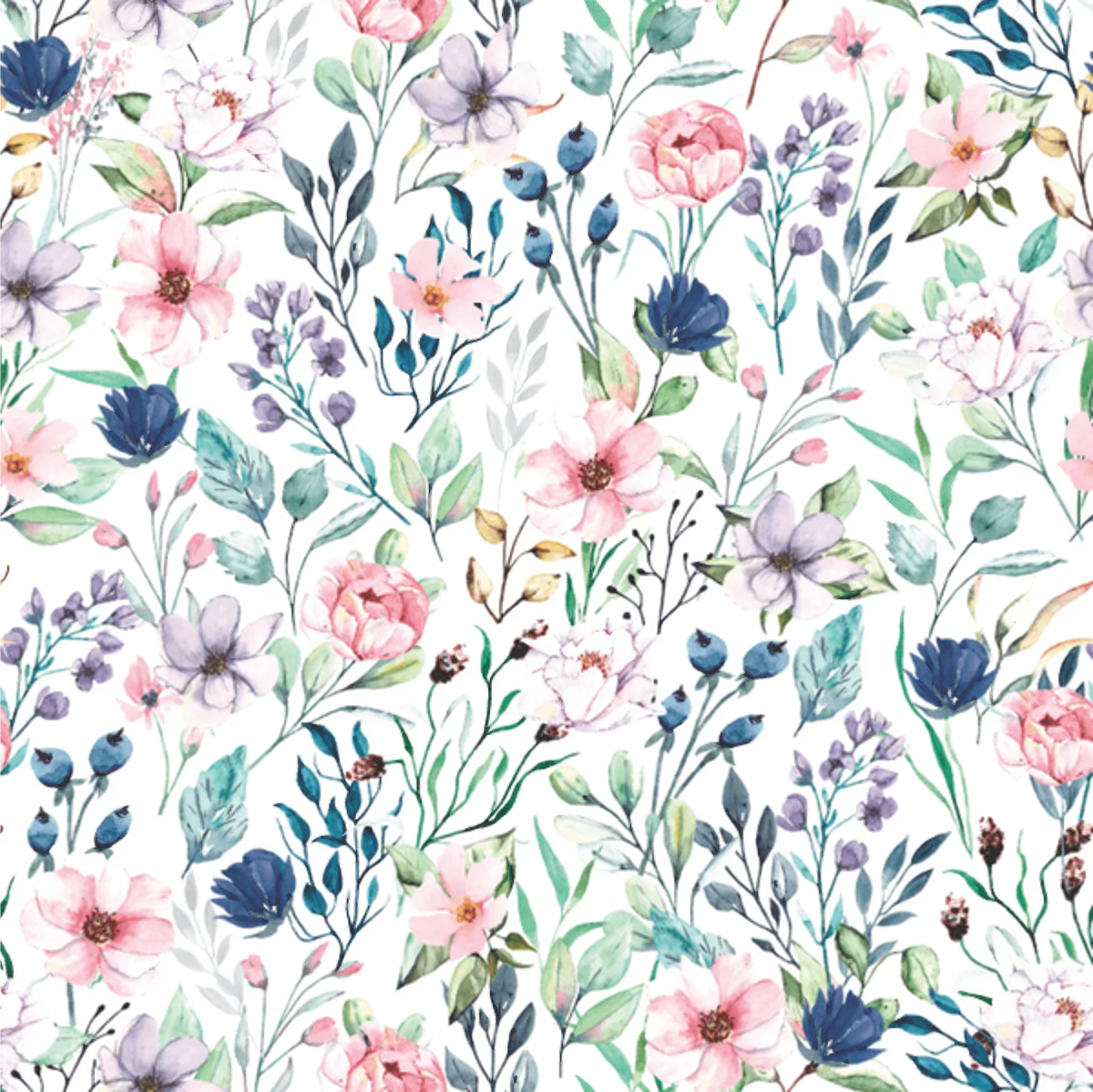 Close-up of Blooming Paradise wallpaper showing pink, purple and navy watercolour flowers