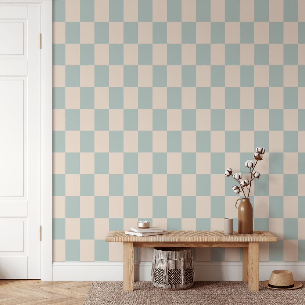 Seafoam Blue Checkered Wallpaper