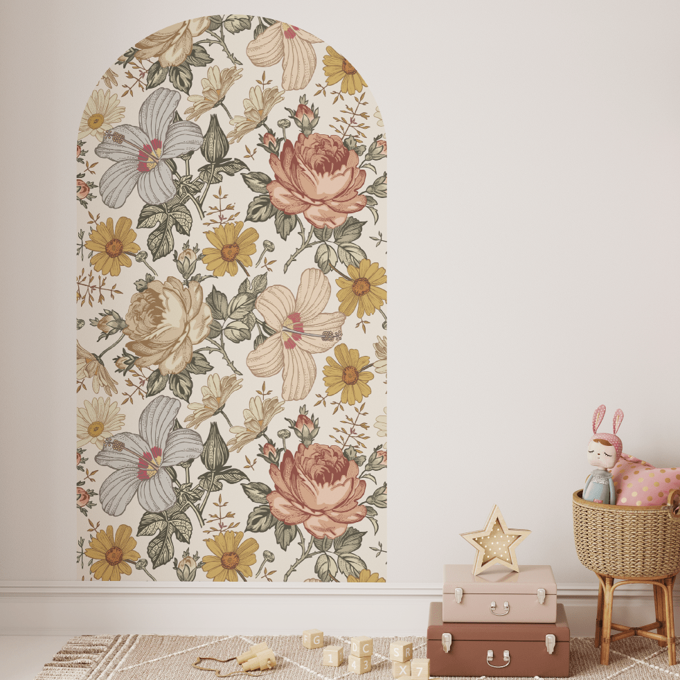 Daphne vintage floral arch decal beside a cane bassinet