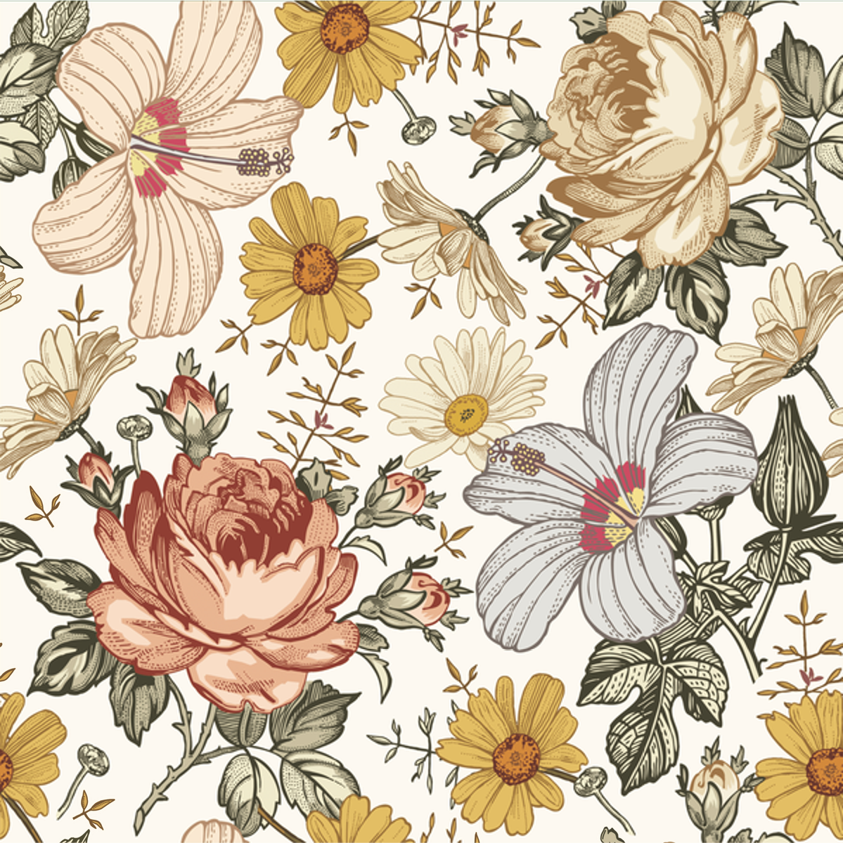 Close-up of Daphne Vintage Floral showing peach roses, yellow daisies and cream blooms