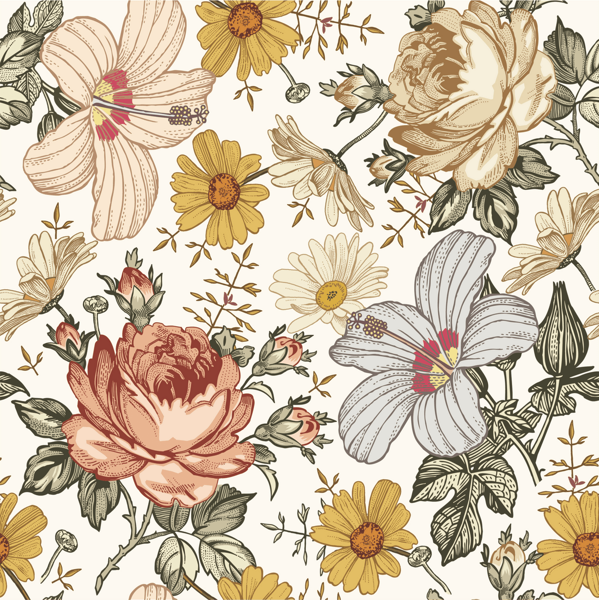 Close-up of the Daphne arch decal showing vintage roses, hibiscus and daisies
