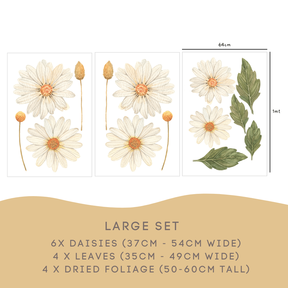 Daisy Large Set: 6 daisies 37 to 54cm, 4 leaves and 4 dried foliage stems