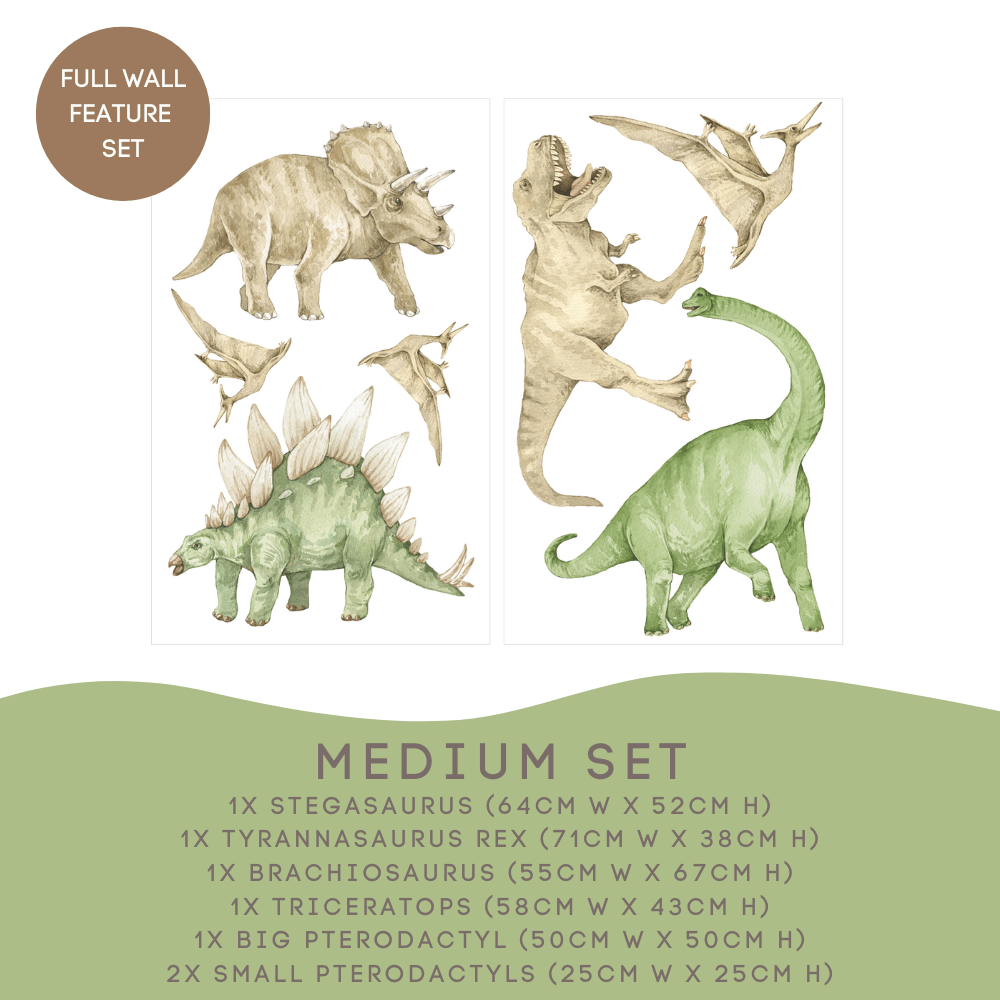 Dinosaur Medium Set: stegosaurus 64cm, T-Rex 71cm, brachiosaurus, triceratops and pterodactyls