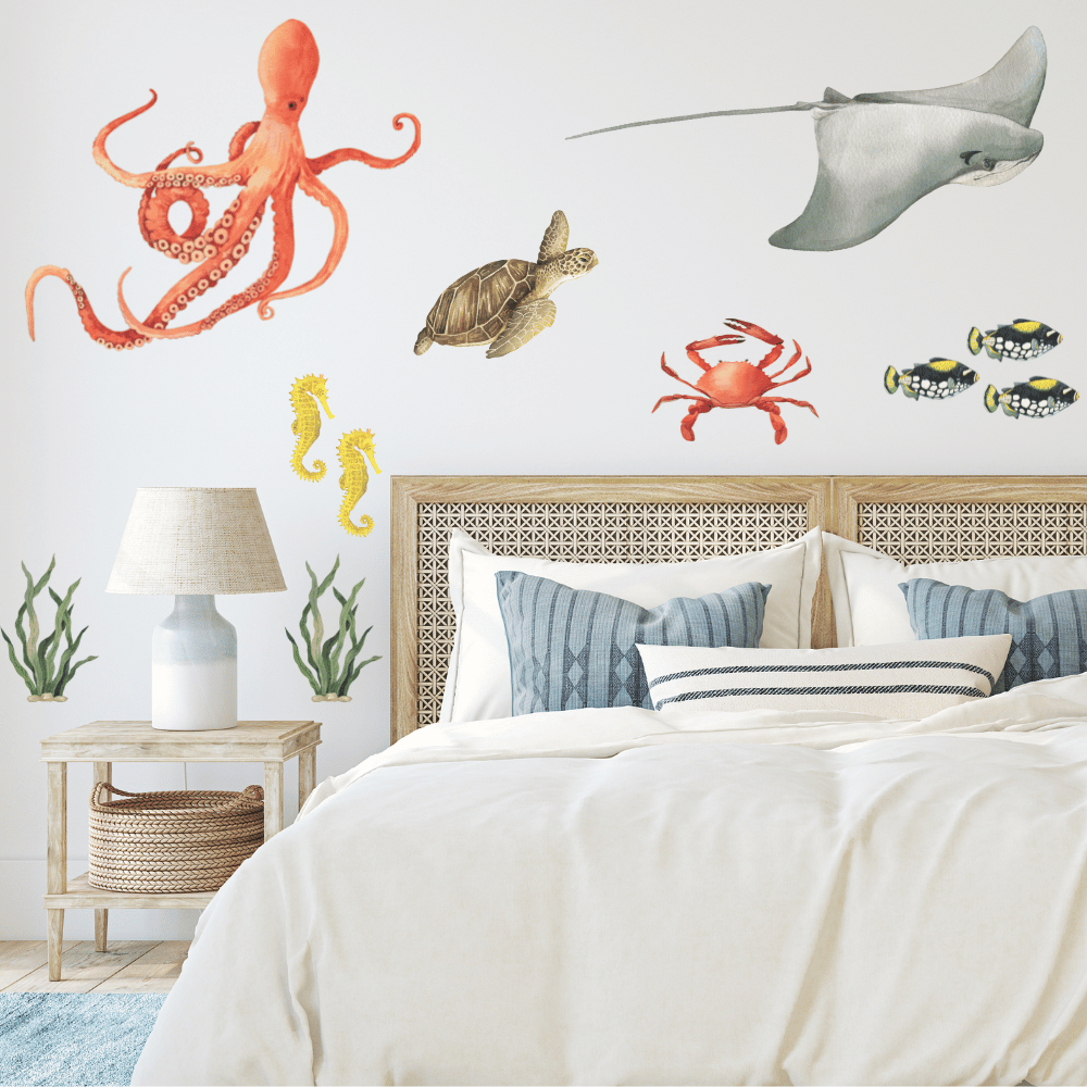Ocean animal wall decals with octopus, stingray, turtle and seahorse