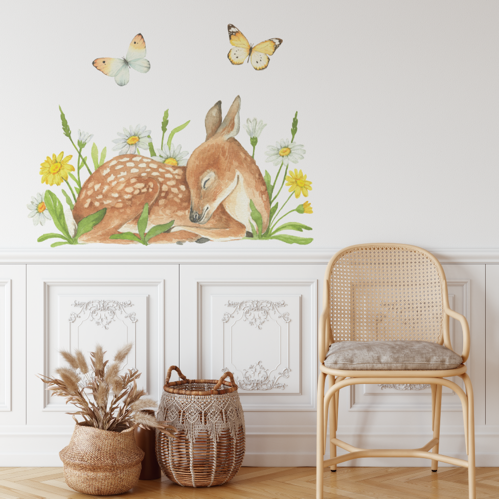 Deer wall decals with daisies and butterflies above wall panelling
