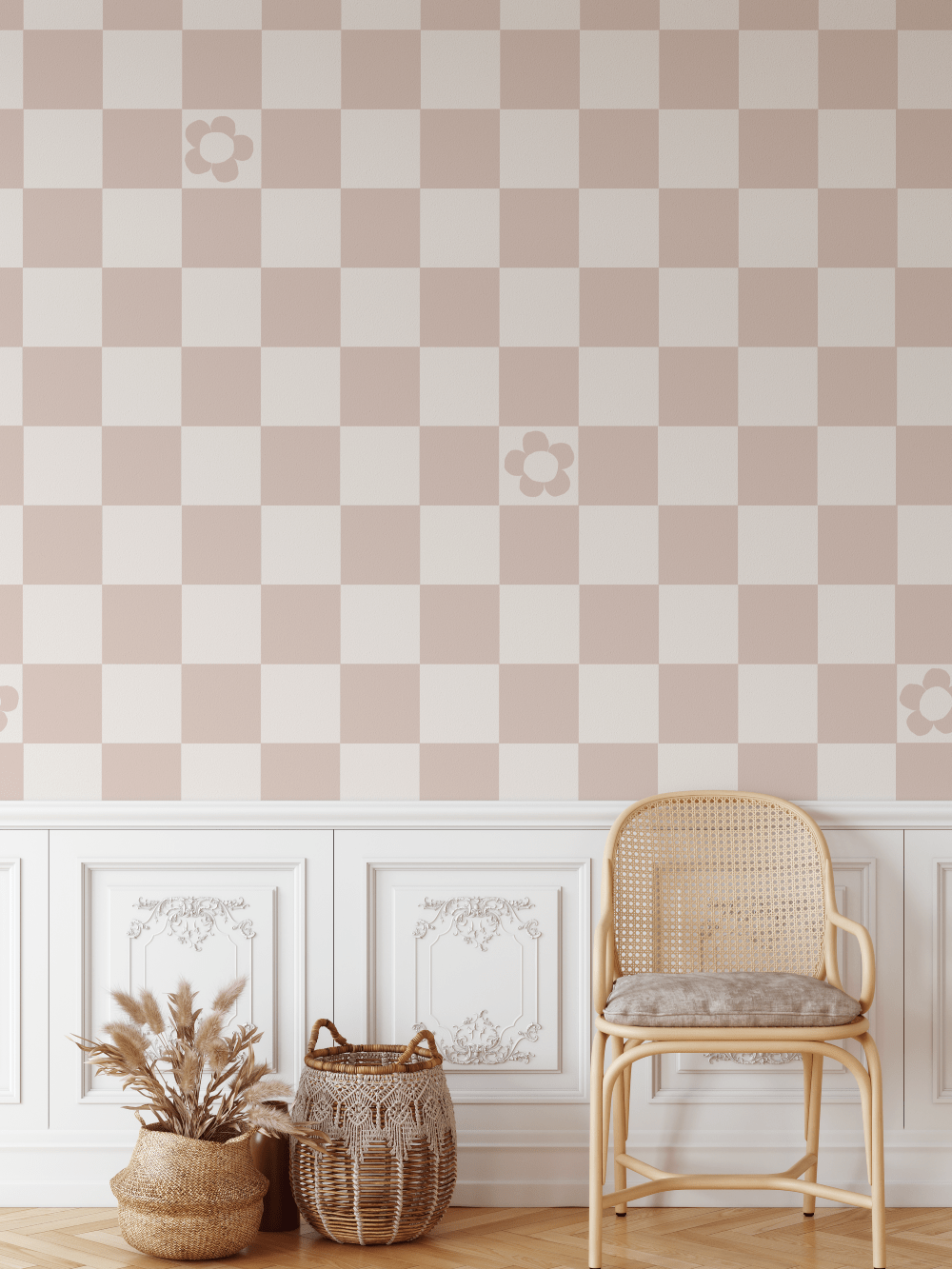 Flower Check Beige Shabby Chic Wallpaper