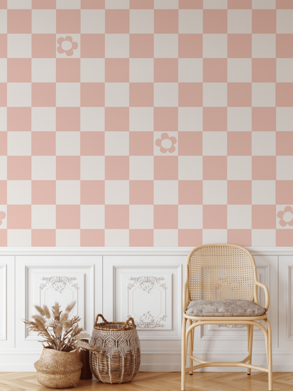 Pastel Pink Gingham Floral Check Wallpaper