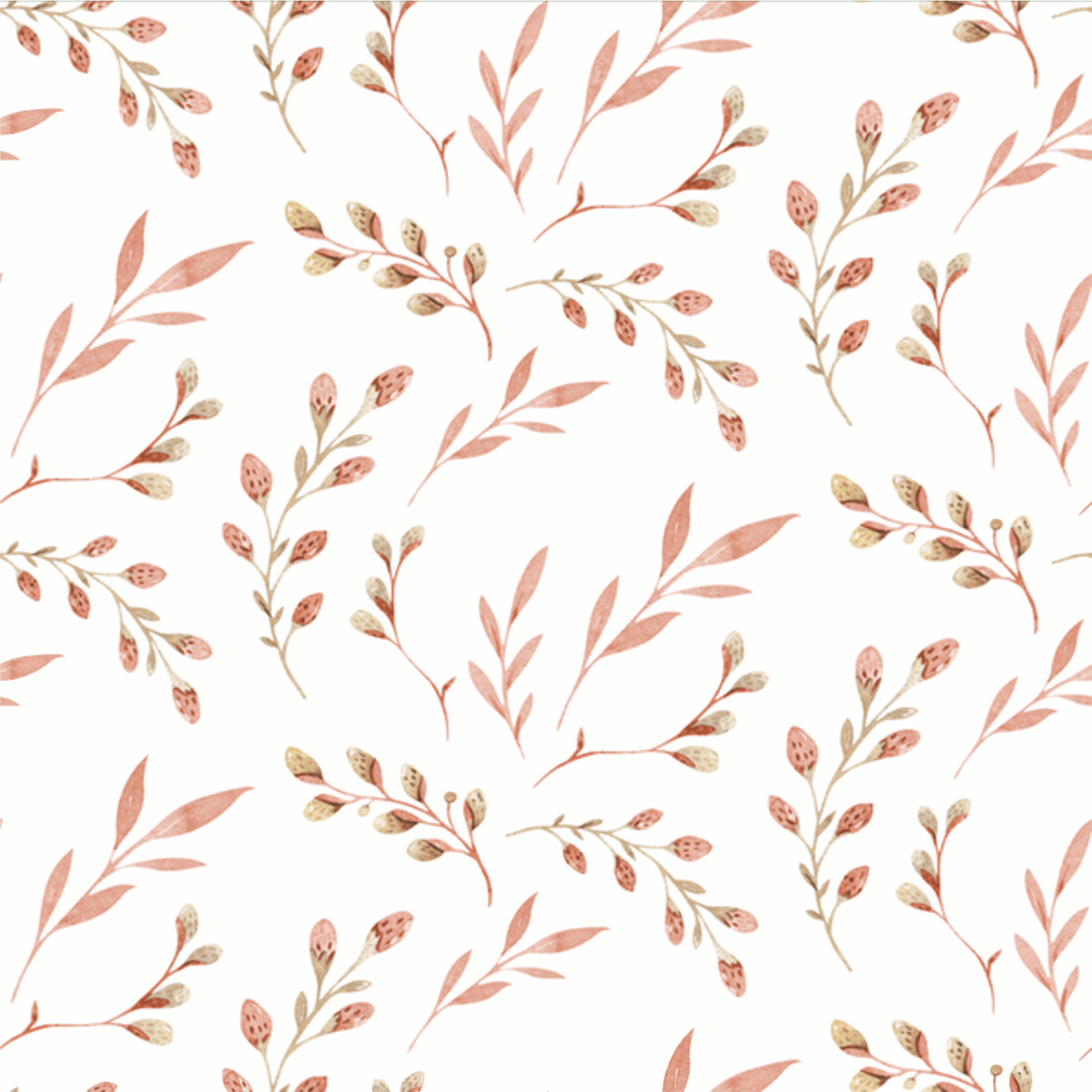 Close-up of Hudson Dusty Pink wallpaper showing rust leaf sprigs on white